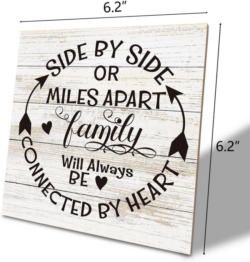 SUSZDOU Family Sign, “Side by Side or Miles Apart, Family Will Always Be Connected by Heart”, Wooden Plaque Table Art Sign 6.2x6.2 Inch, Farmhouse Room Decor, Long Distance Gift for Loved Ones - Image 2